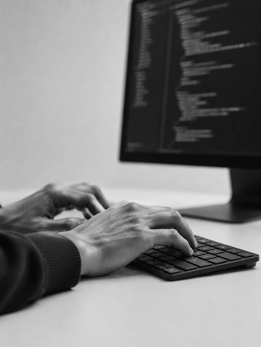 Hands typing code at a keyboard