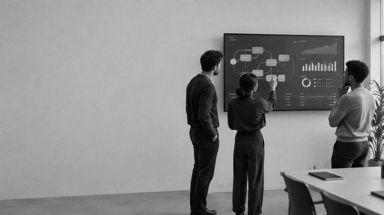 A team reviewing a workflow diagram on a wall screen